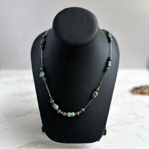 Vintage Turquoise Nugget Hematite Bead Liquid Silver Necklace 23" Long